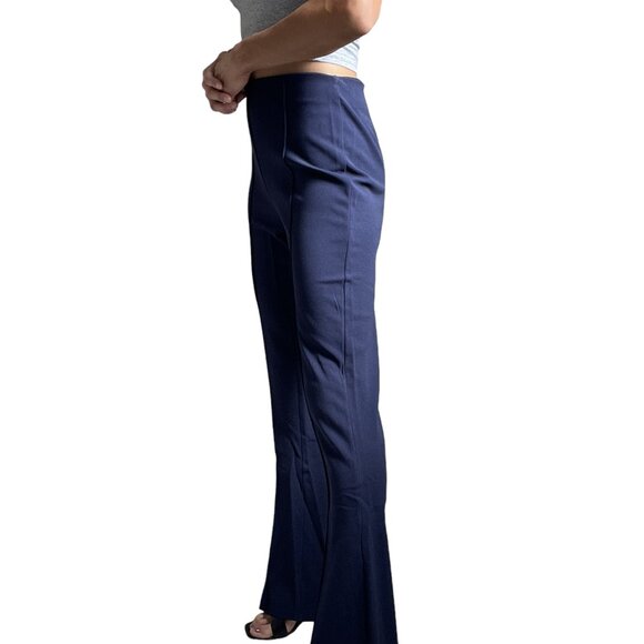 Women's Navy Blue High-Waisted Flared Pants – Elegant & Stretchy Pants - Picture 6 of 8